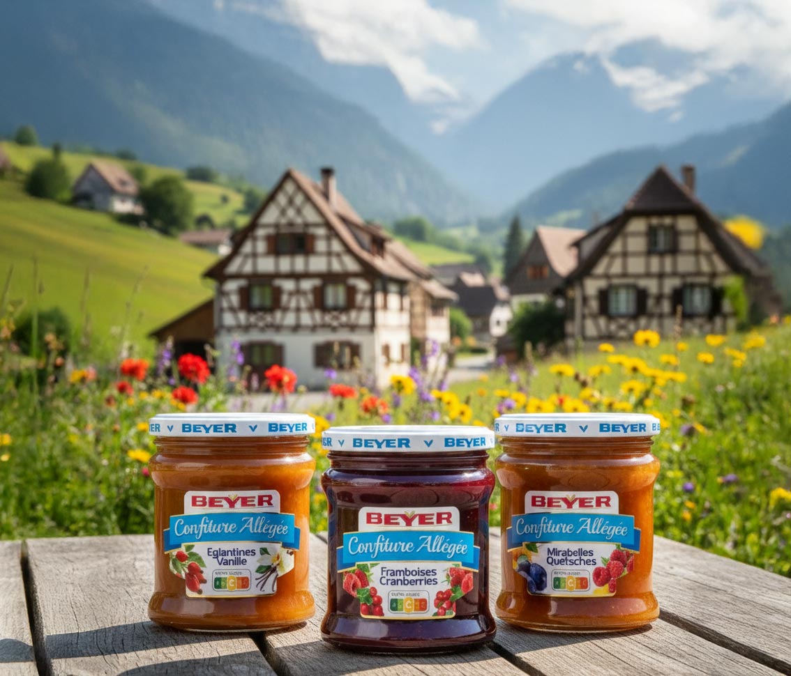 Trois pots de confitures all�g�es, pos�s dans la neige devant un sapin de No�l qui brille.